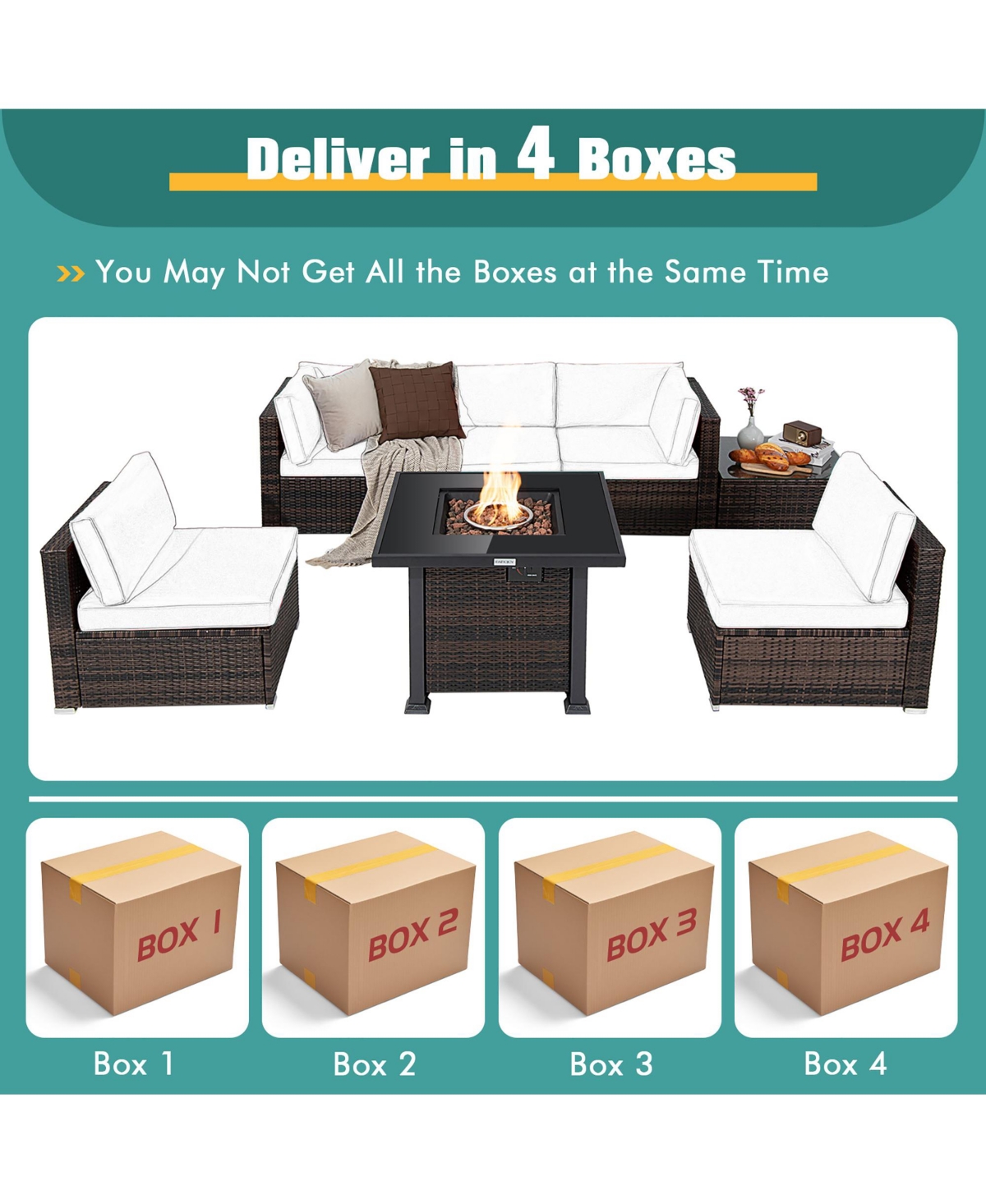 Costway 7PCS Patio Rattan Furniture Set Fire Pit Table Cover Glass Top Cushion