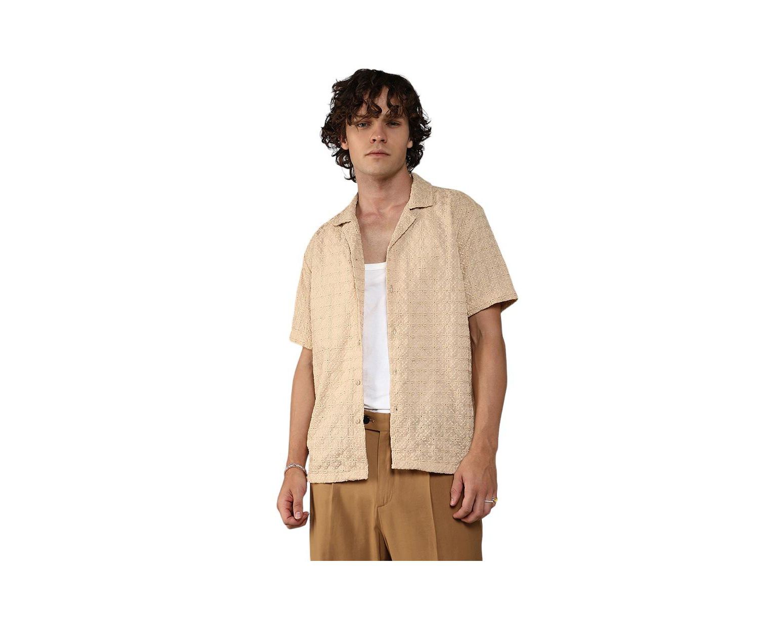 Men's Beige Embroidered Flora Shirt