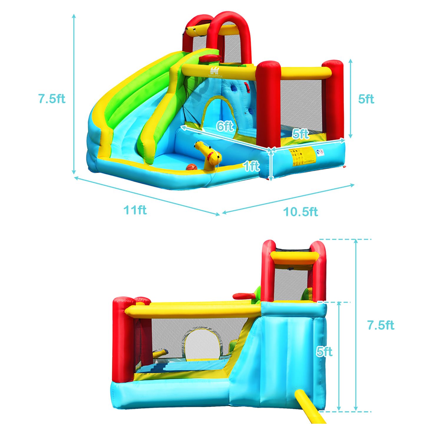 Детские игрушки Costway Inflatable Kids Water Slide Jumper Bounce House with Pool, 11' x 10' x 8', Accommodates 3 Children, от 3 лет, цвет: Синий — фото 7