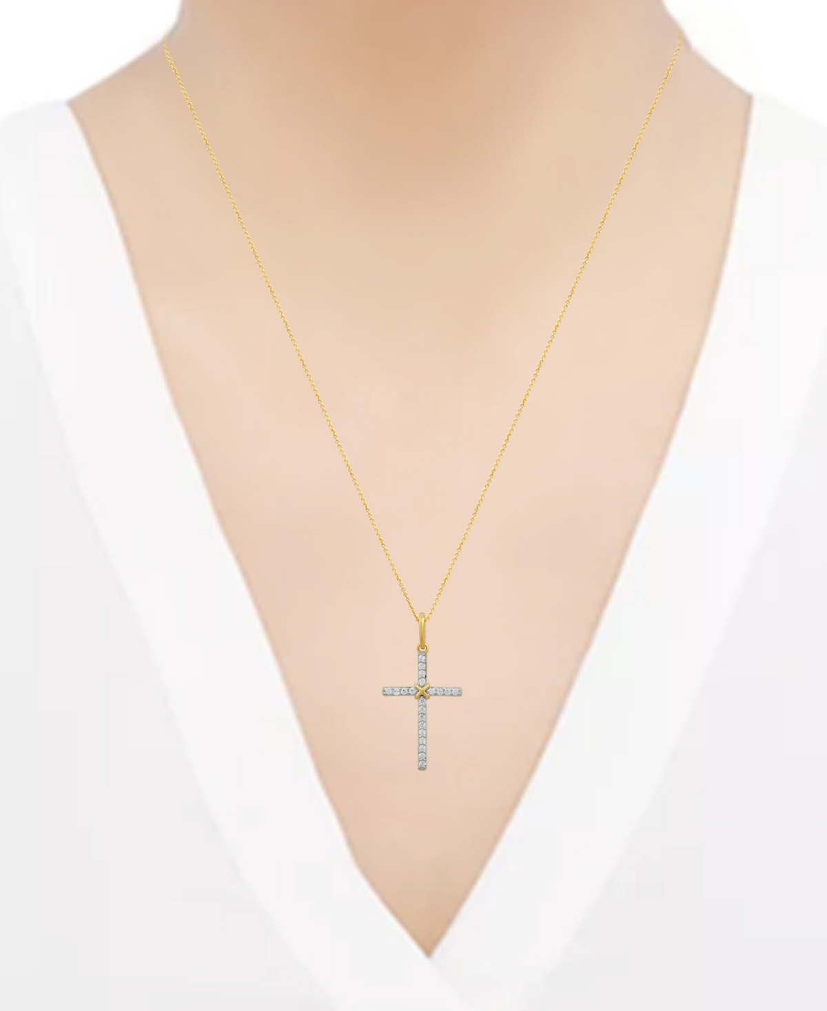 MACY'S DIAMOND CROSS PENDANT NECKLACE (1/10 CT. T.W.) IN 14K GOLD, 16" + 2" EXTENDER 