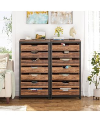 7 Drawer Chest, Wood Storage Dresser Cabinet with Wheels, Industrial Storage Drawer Organizer Cart for Office Bedroom Entryway