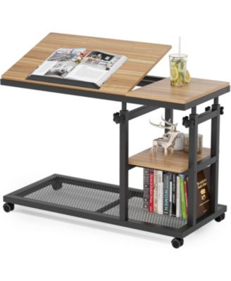 Adjustable C Table with Wheels, Tiltable Laptop Stand & TV Tray with Shelves for Sofa, Bedside, or Couch