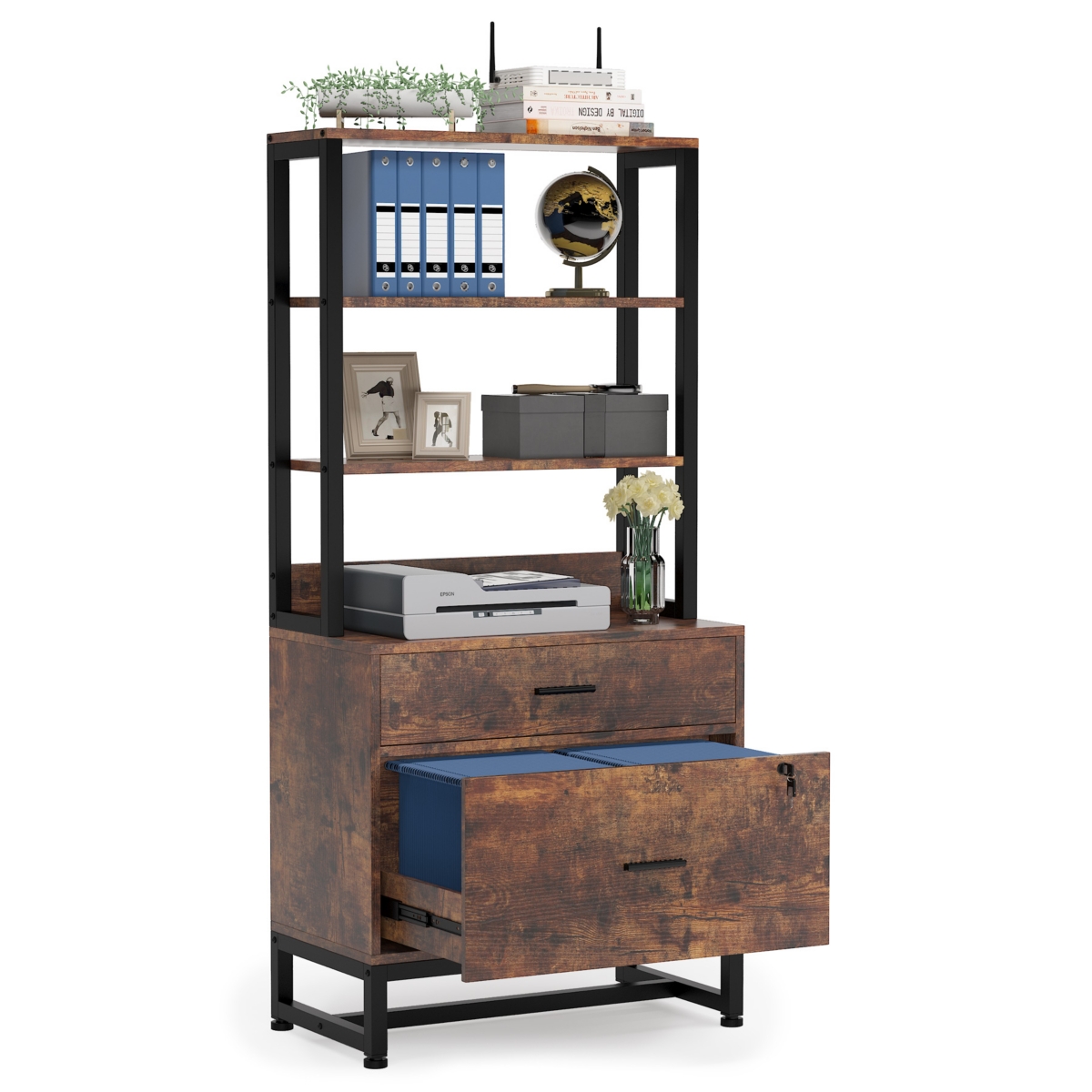 Tribesigns 2 Drawer Vertical File Cabinet with Lock & Bookshelf, Letter Size Modern Filing Cabinet Printer Stand with Open Storage Shelves for H