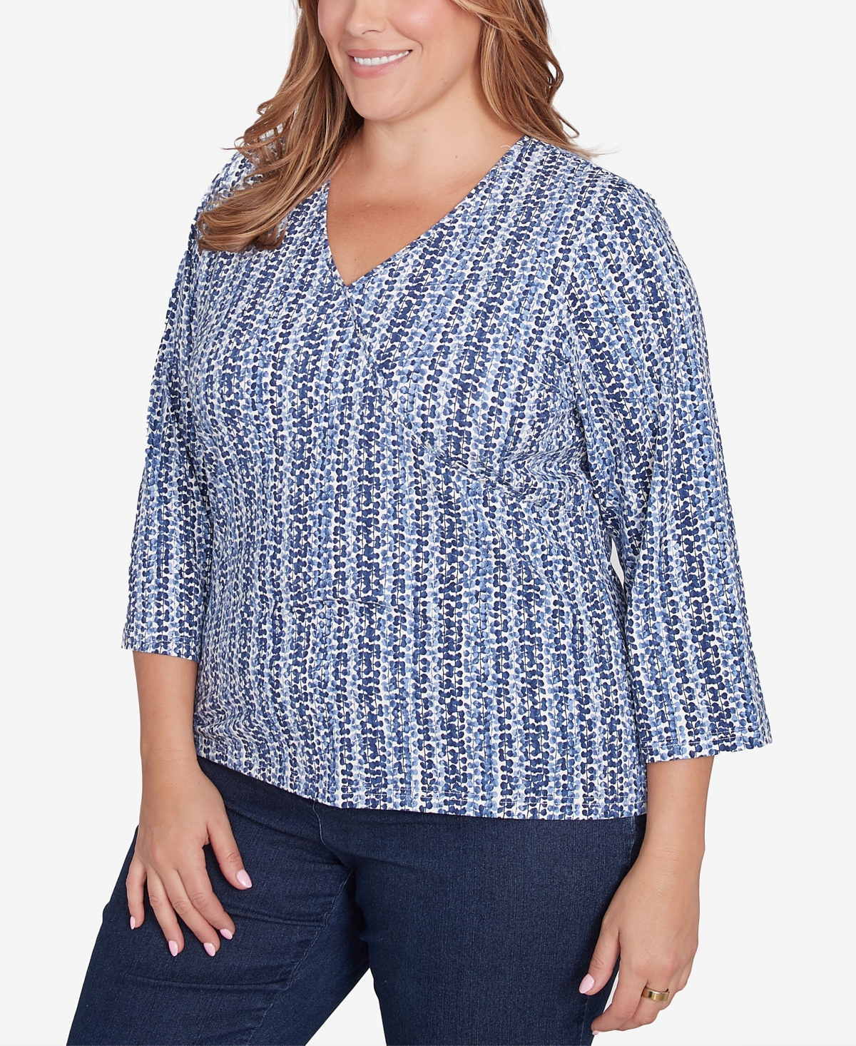 Hearts Of Palm Plus Size Lets Rendez-Blue Printed 3/4 Sleeve Top
