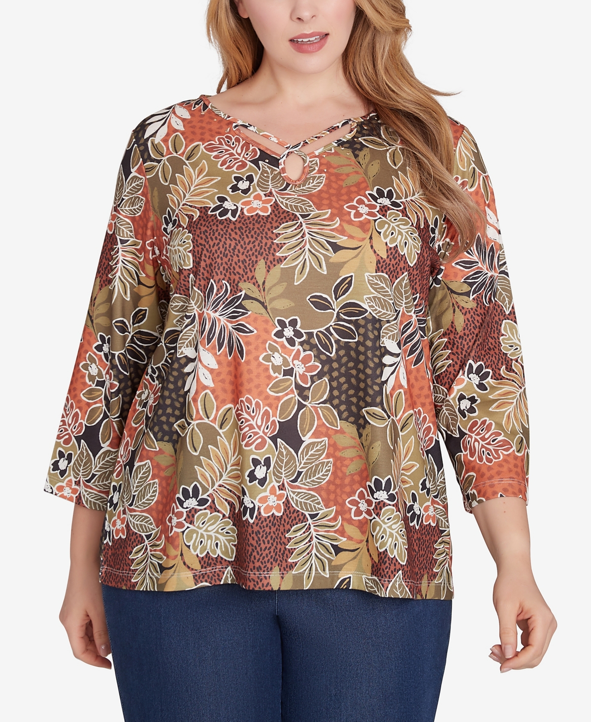 Plus Size Spice It Up Printed 3/4 Sleeve Top - Dark Nutmeg Multi