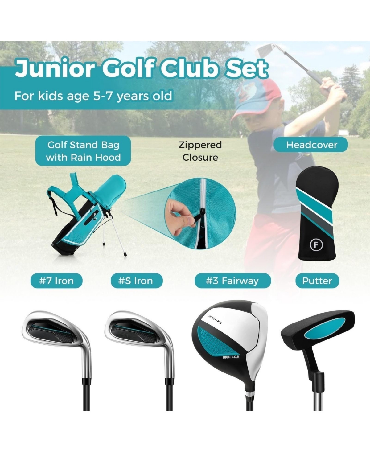 Skonyon Junior Complete Golf Club Set Right Hand with Rain Hood for Kids- Blue
