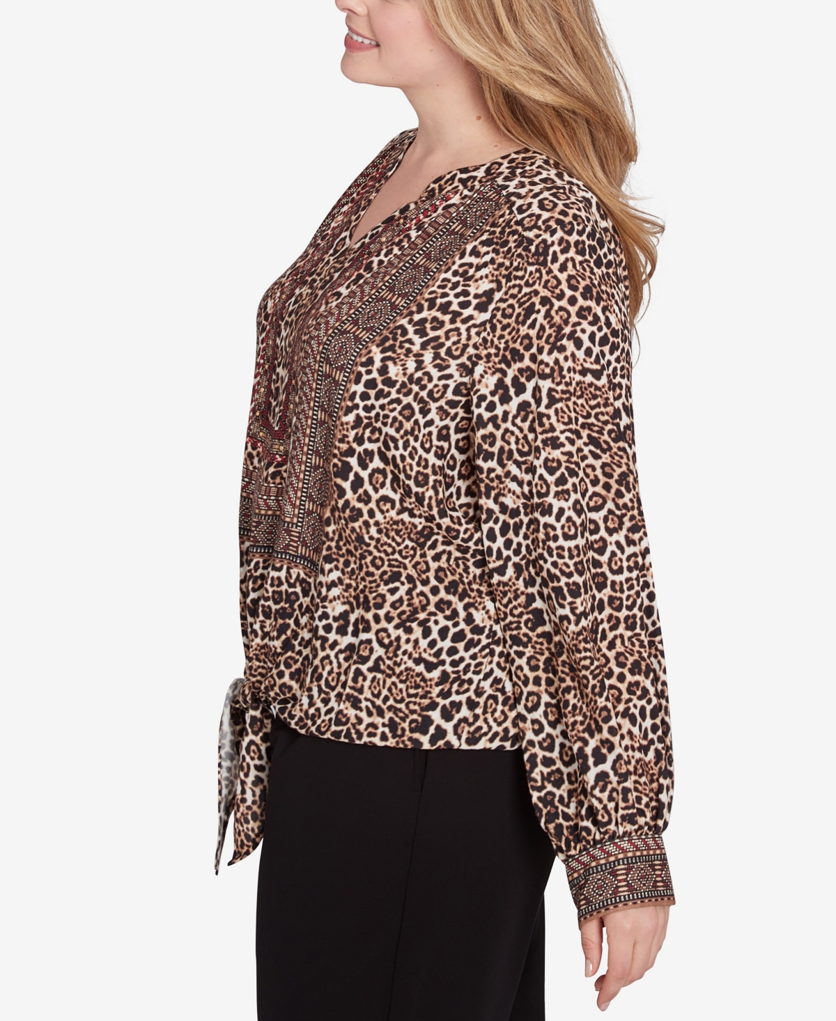 Ruby Rd. Plus Size Split Neck Embellished Animal Placement Print Tie Front Top