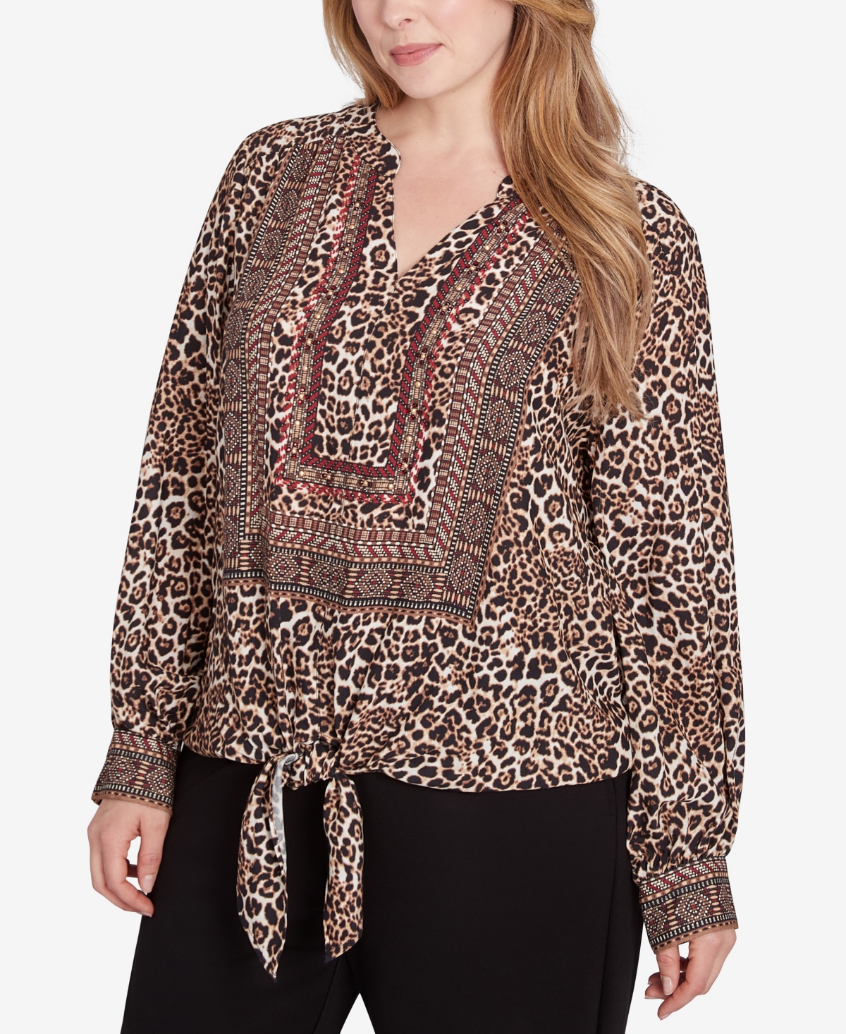 Ruby Rd. Plus Size Split Neck Embellished Animal Placement Print Tie Front Top