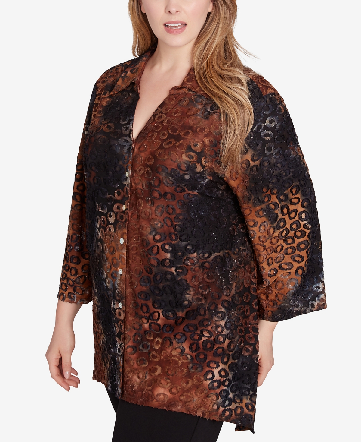 Ruby Rd. Plus Size Button Front Stand Collar Tie Dyed Spots Jacquard Shirt