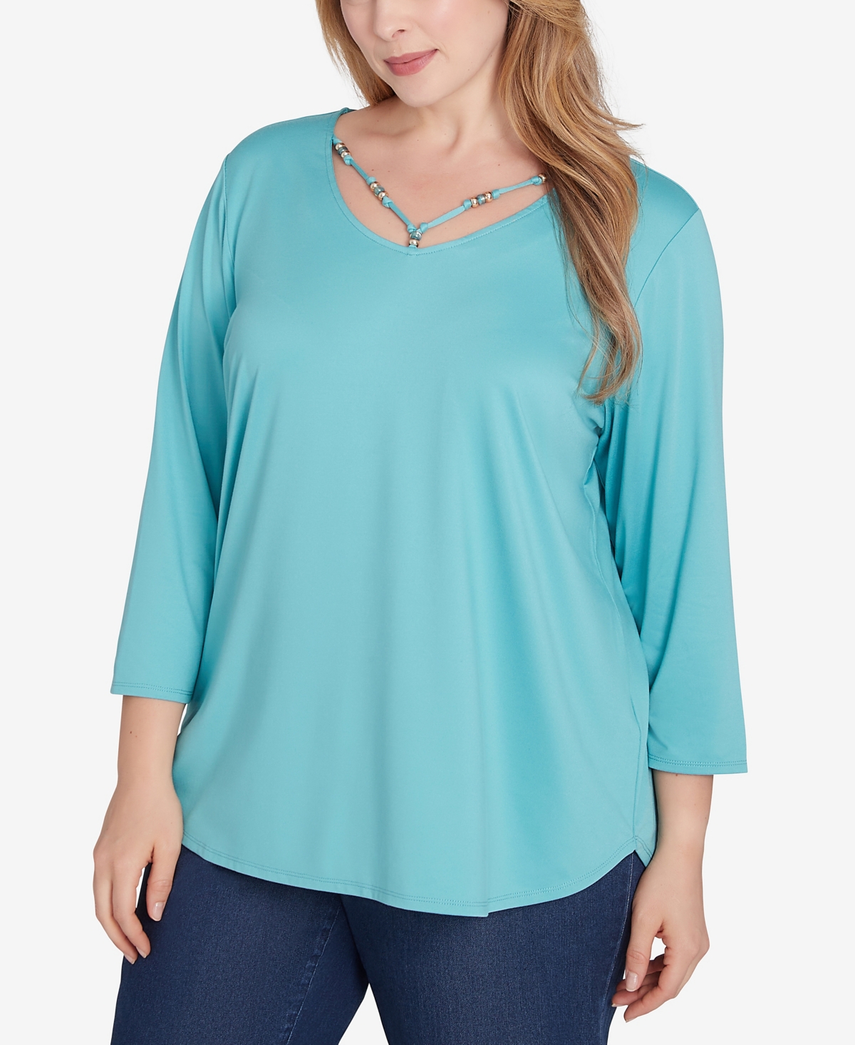 Ruby Rd. Plus Size V-Neck Solid Knit Top with Bead Detail