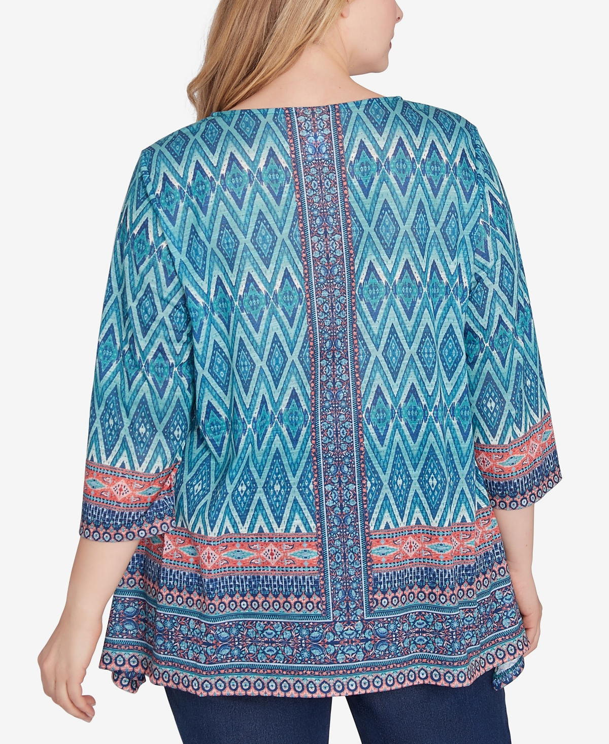 Ruby Rd. Plus Size Embellished Scoop Neck Placement Print Slub Jersey Sharkbite Top