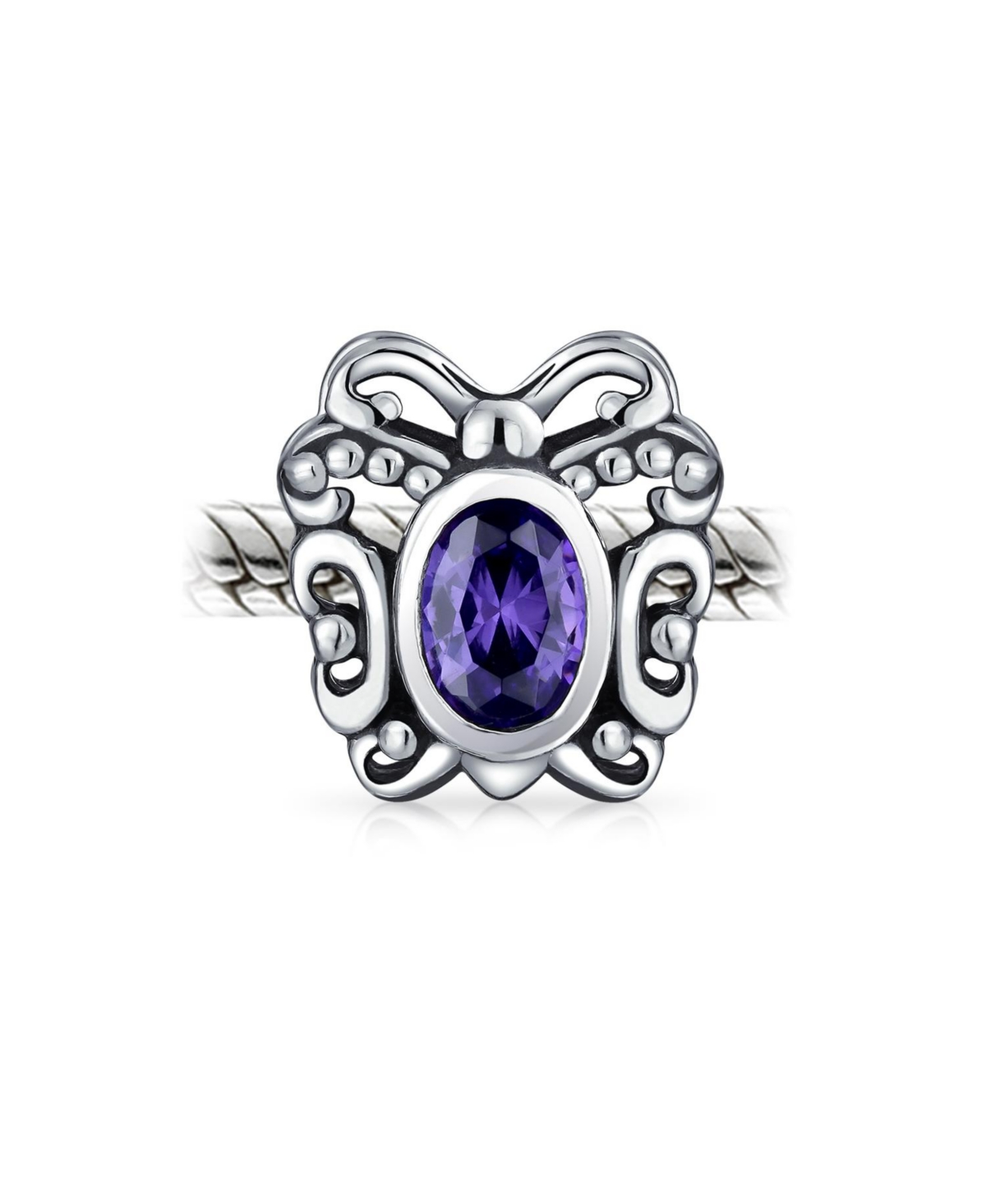 Bling Jewelry Purple Butterfly Cubic Zirconia Bead Purple Cz Charm Oxidized Sterling Silver For European Bracelet