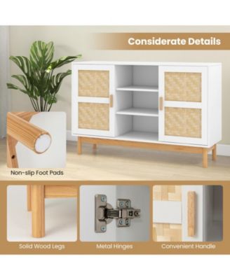 48 Inch Sideboard Buffet Cabinet Floor Storage Cabinet with 2 Bamboo Woven Doors-White