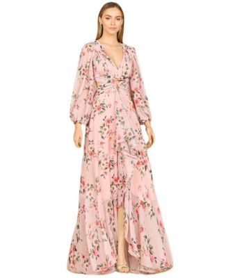 Women's Long Sleeve V-Neck, Layered Skirt Print Dress