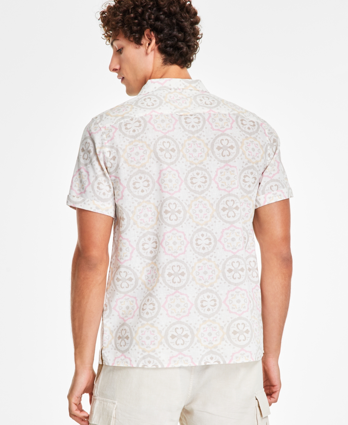 Shop Sun + Stone Men's Becker Regular-fit Medallion-print Button-down Linen Blend Camp Shirt, Created For Macy's In Spring Strawberry