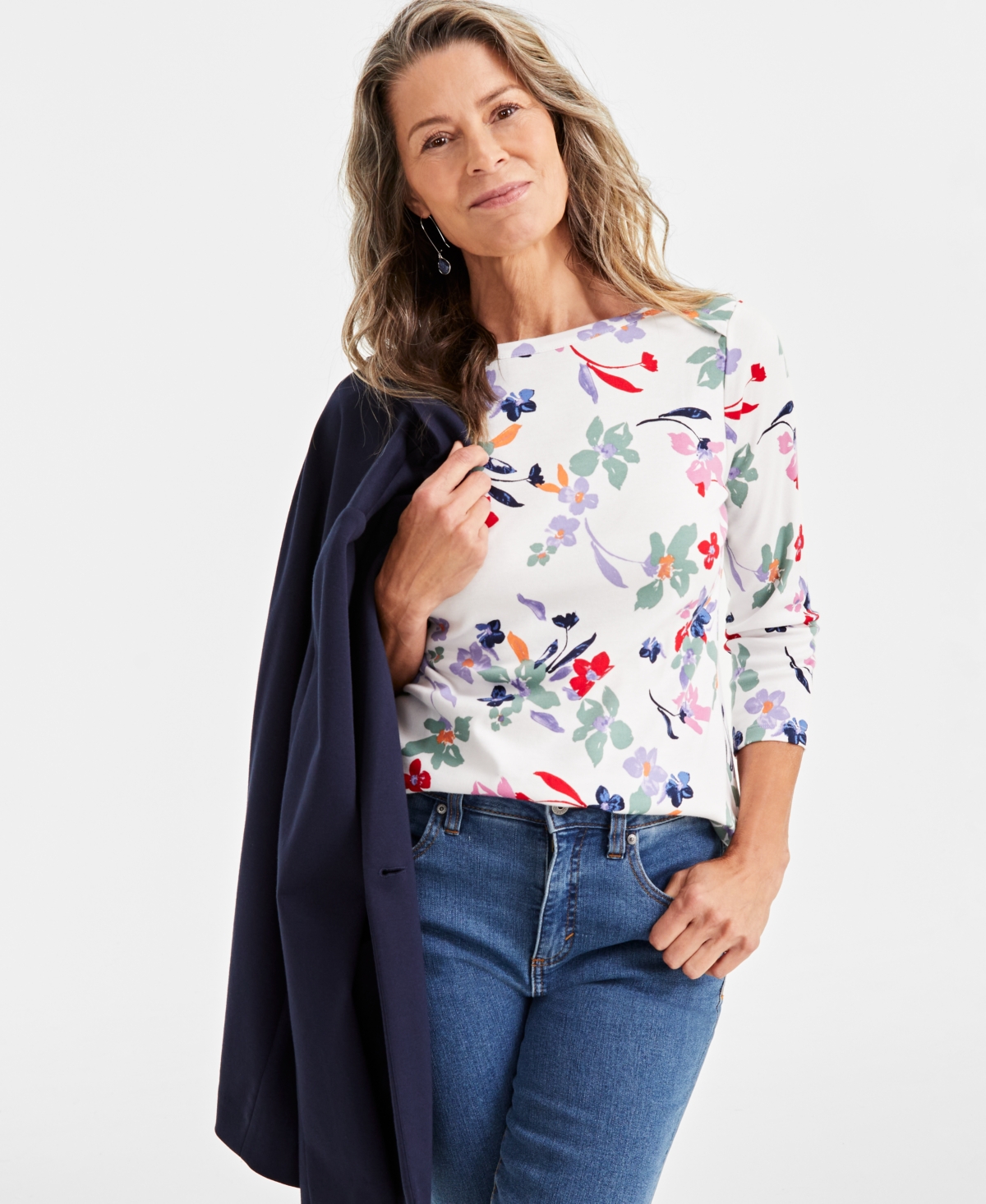 Style & Co Petite Floral Dance Cotton Knit Top, Created for Macy's