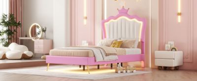 Upholstered Princess Bed with LED Crown Headboard