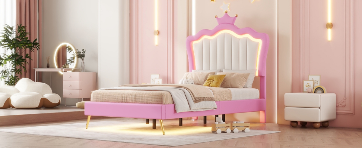 Streamdale Furniture Upholstered Princess Bed with Led Crown Headboard
