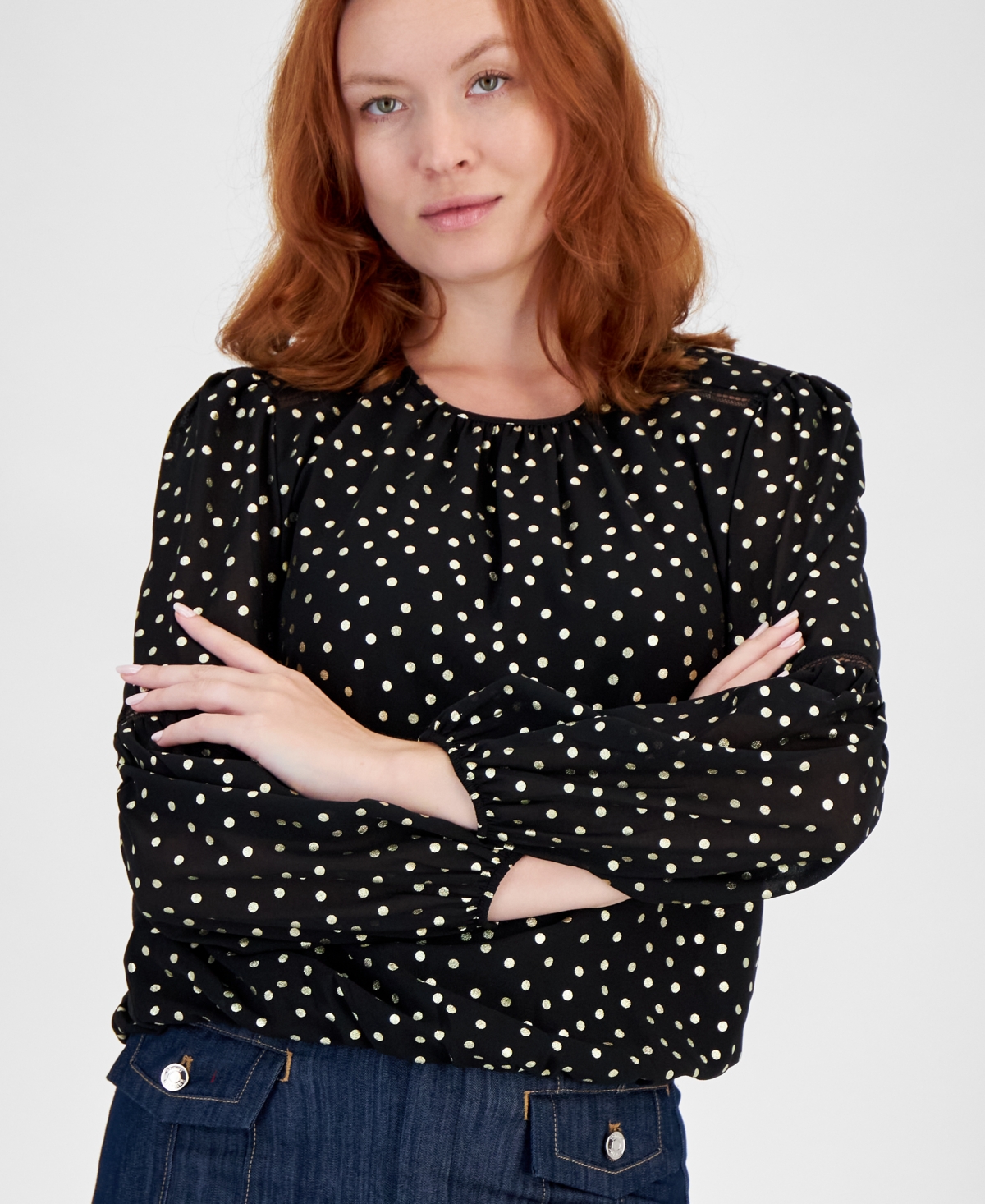 Tommy Hilfiger Women's Long-Sleeve Dot-Bubble Blouse -Gold
