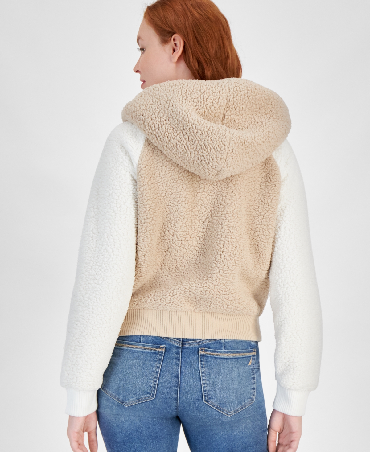 Nautica Jeans Women's Colorblocked Zip-Up Sherpa Jacket -Soft Ivory