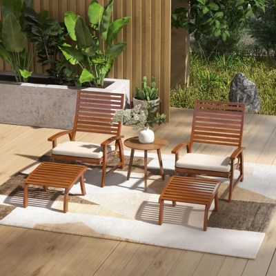 Acacia Wood Patio Chair Set with Footstools and Cushion