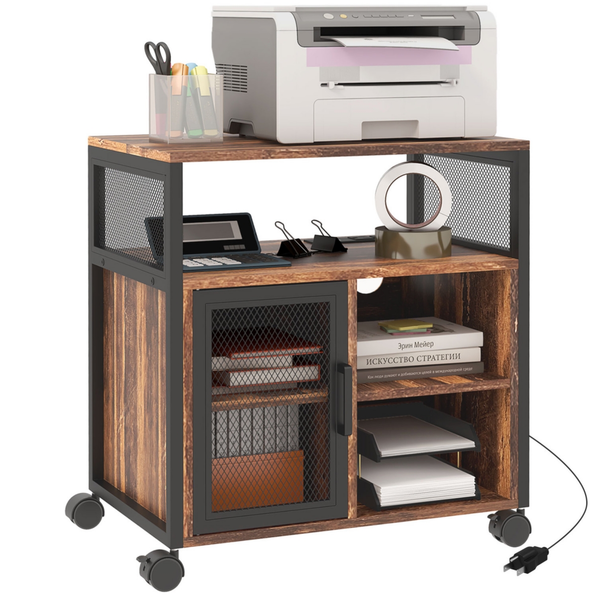 Mobile Printer Stand with Socket & Usb Ports, Rustic Brown