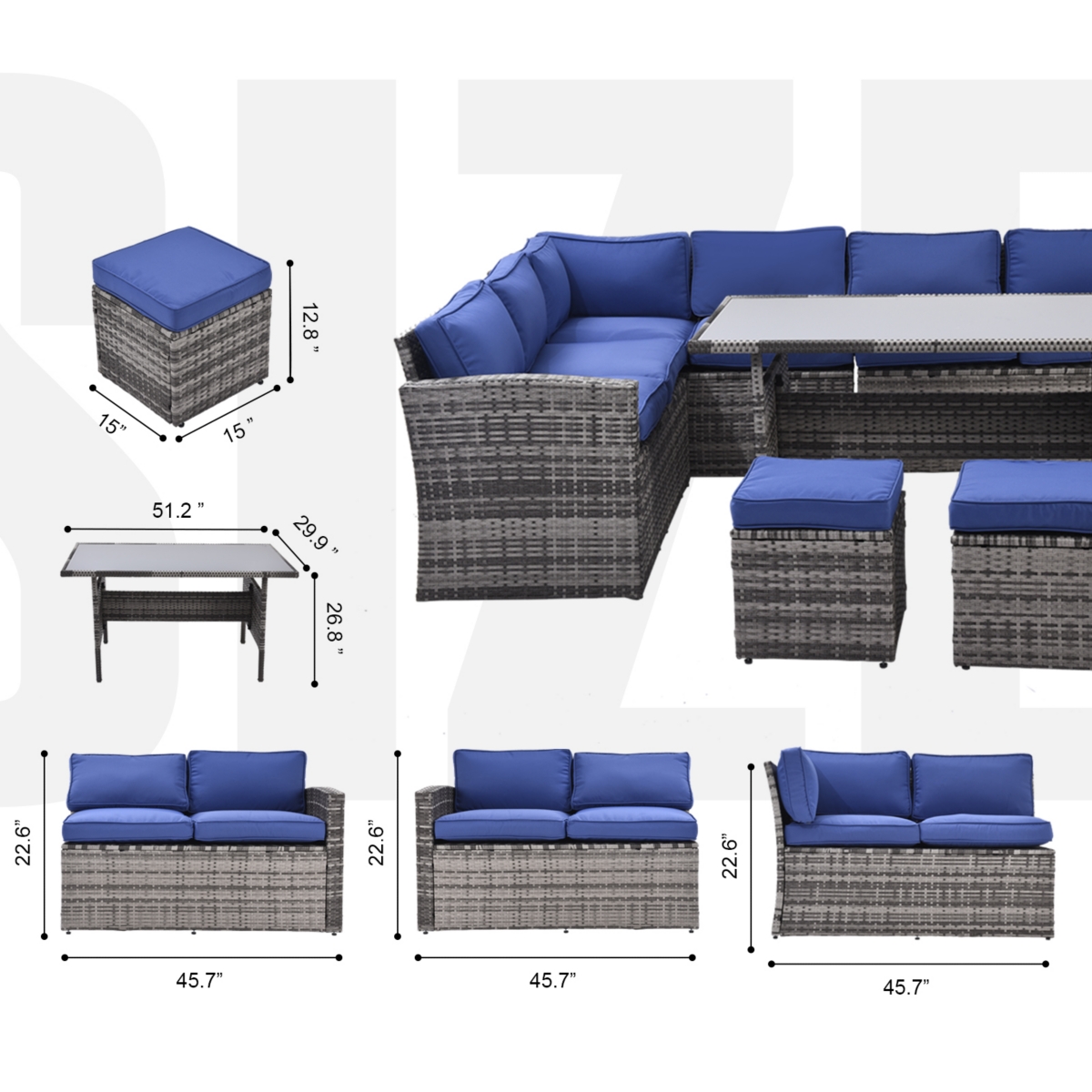 Streamdale Furniture 7-Piece Outdoor Sectional Set with Table and Ottomans (Grey, Blue)