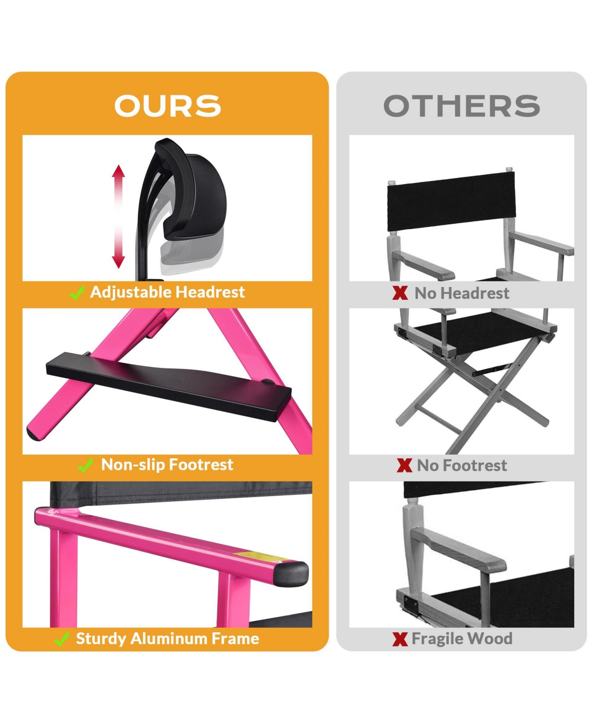Byootique 28" Height Tall Director Chair Folding Artist Makeup Head Rest Pink