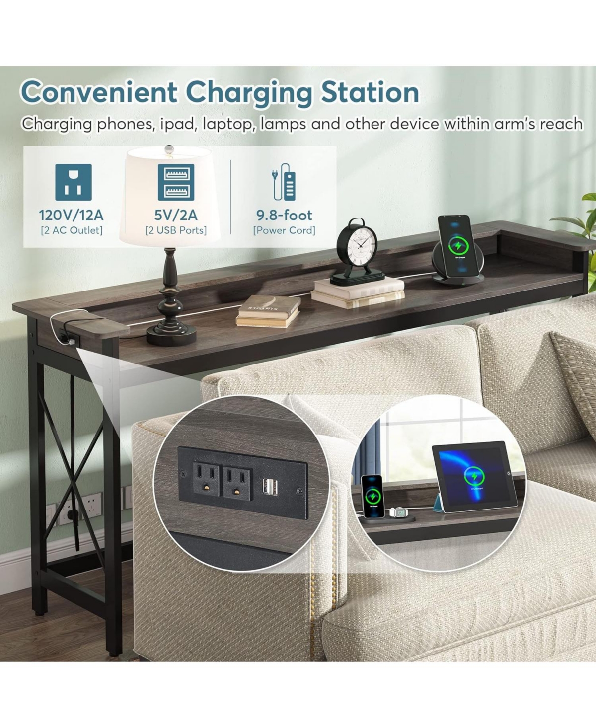 Tribesigns Sofa Table with Outlets and Usb Ports, 70.9 inch Extra Long Console Behind Couch Charging Station, Industrial Narrow Entryway Ha