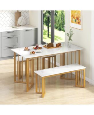 4 Piece Dining Table Set with Bench and 2 Stools-White