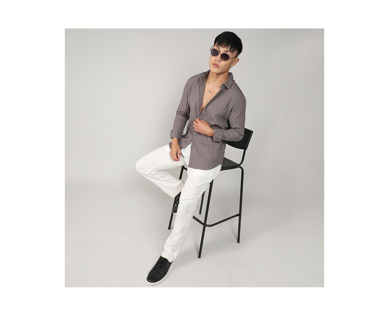 Men's Ash Grey Self-Design Striped Shirt