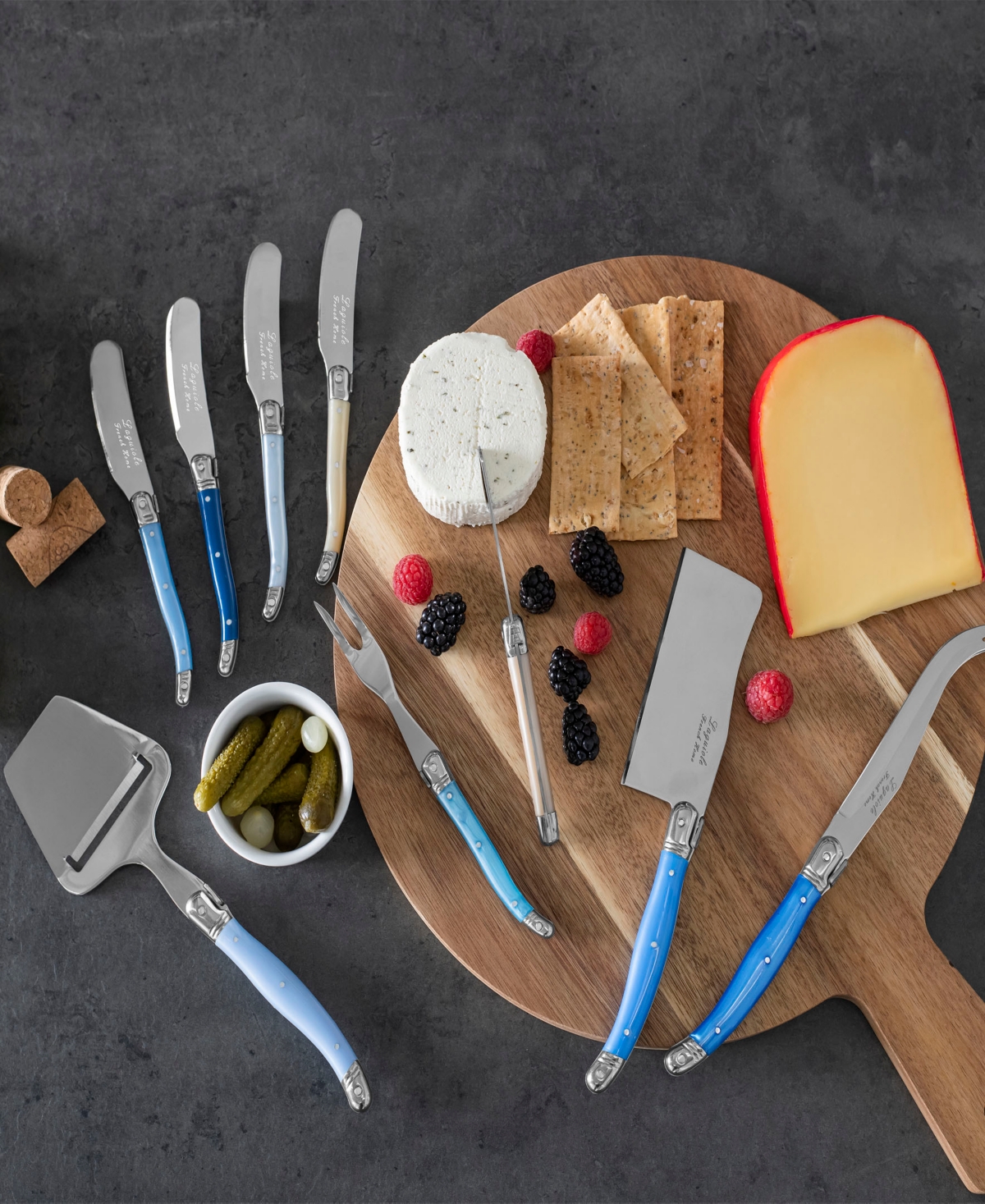 French Home Laguiole 10 Piece Cheese Knives And Spreaders Set With Wood Board In Shades Of Blue