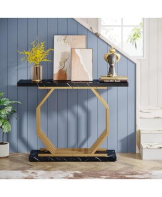Gold Console Table, Faux Marble Entryway Narrow Sofa Table with Geometric Metal Base, 40 Inch Modern Accent Entrance Table