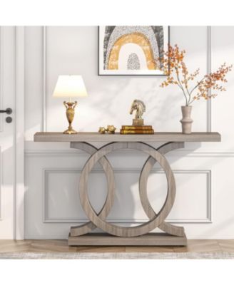 55 inches Console Table with Geometric Base, Farmhouse Hallway Table, Wooden Entryway Table, Vintage Sofa Table, Unique Long Accent Table