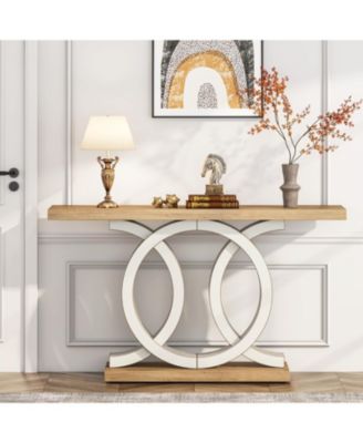 55 inches Console Table with Geometric Base, Farmhouse Hallway Table, Wooden Entryway Table, Vintage Sofa Table, Unique Long Accent Table