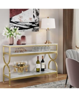 3-Tier Console Table, 55 inch Sofa Table with Open Storage Shelves, Narrow Long Hallway/Entryway Table with Faux Marble Top, White & Gold