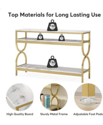 3-Tier Console Table, 55 inch Sofa Table with Open Storage Shelves, Narrow Long Hallway/Entryway Table with Faux Marble Top, White & Gold