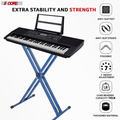 Keyboard Stand Double X Style Adjustable Piano Riser + Keyboard Piano Bench - BLUE