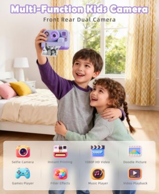 Kids Instant Print Camera 48MP with 16X Digital Zoom, 1080P HD Video, Bluetooth, Dual Lens, 2.4" Screen - Includes 32GB SD Card & 3 Print Rolls
