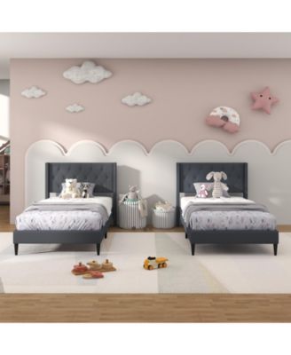 Twin Size Upholstered Platform Bed with Button Tufted Wingback Headboard-Blue