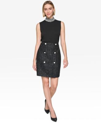 Women's Faux-Wrap Button-Trim Tweed Skirt 