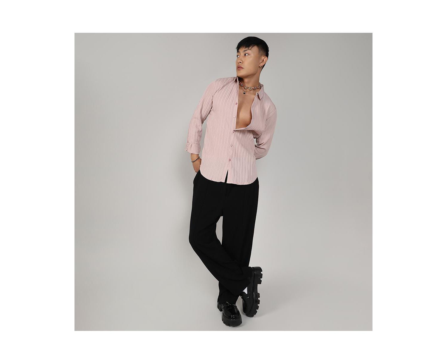 Men's Blush Pink Self-Design Striped Shirt