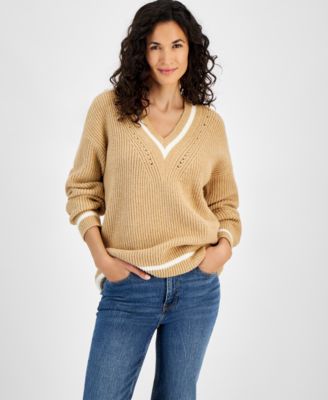 Women's Heather Varsity-Stripe V-Neck Sweater, Created for Macy's