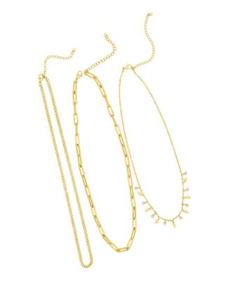 Gold Cubic Zirconia Paperclip, Curb, and Dangle Diamond Chain Necklace Set