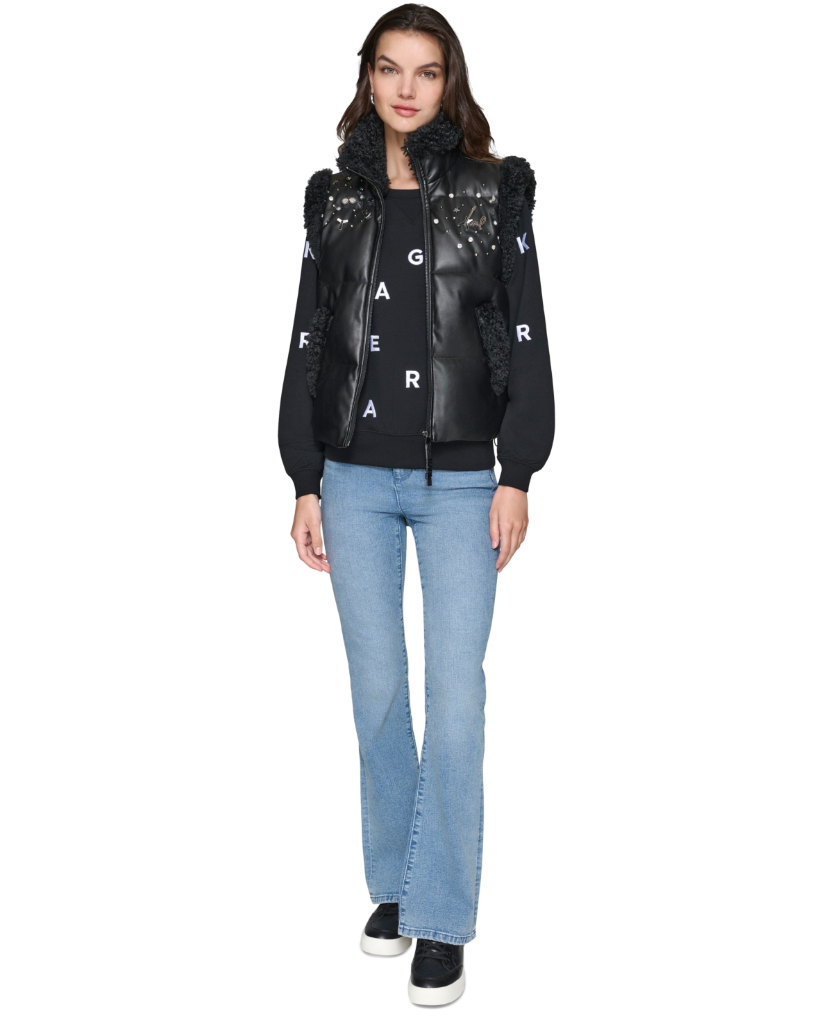Karl Lagerfeld Paris Women's Faux-Leather Embellished Puffer Vest