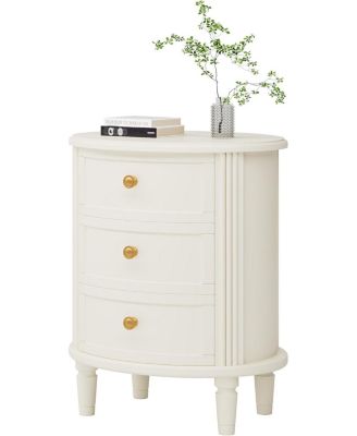 Nightstand with 3 Drawers, Bed Side Table for Bedroom, Fully Assembled, Oval Farmhouse Night Stand with Storage, Wooden Side End Table