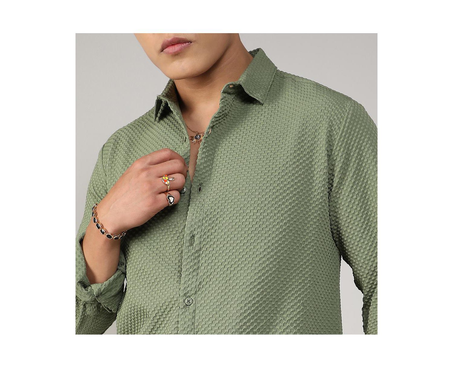 Men's Pistachio Green Textured Micro Buffalo Check Shirt