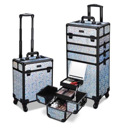 Rolling Makeup Train Case 3-Piece Cosmetic Organizer Kit Trolley Organizer Travel Case Lockable with Wheels, Mermaid Silver