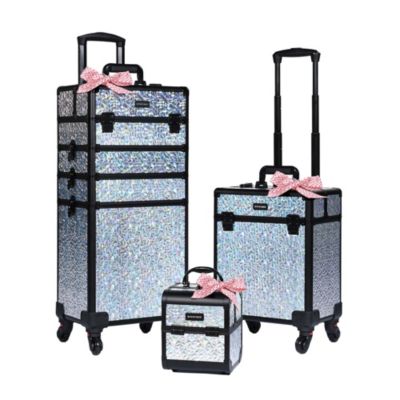 Rolling Makeup Train Case 3-Piece Cosmetic Organizer Kit Trolley Organizer Travel Case Lockable with Wheels, Mermaid Silver