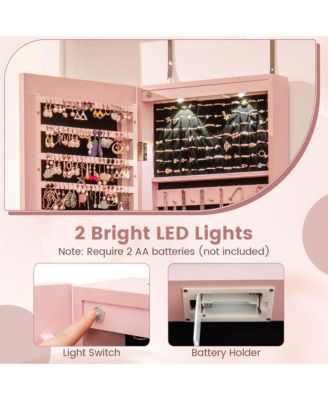Mirrored Wall & Door Mounted Jewelry Cabinet Storage Organizer with Lights&Drawer